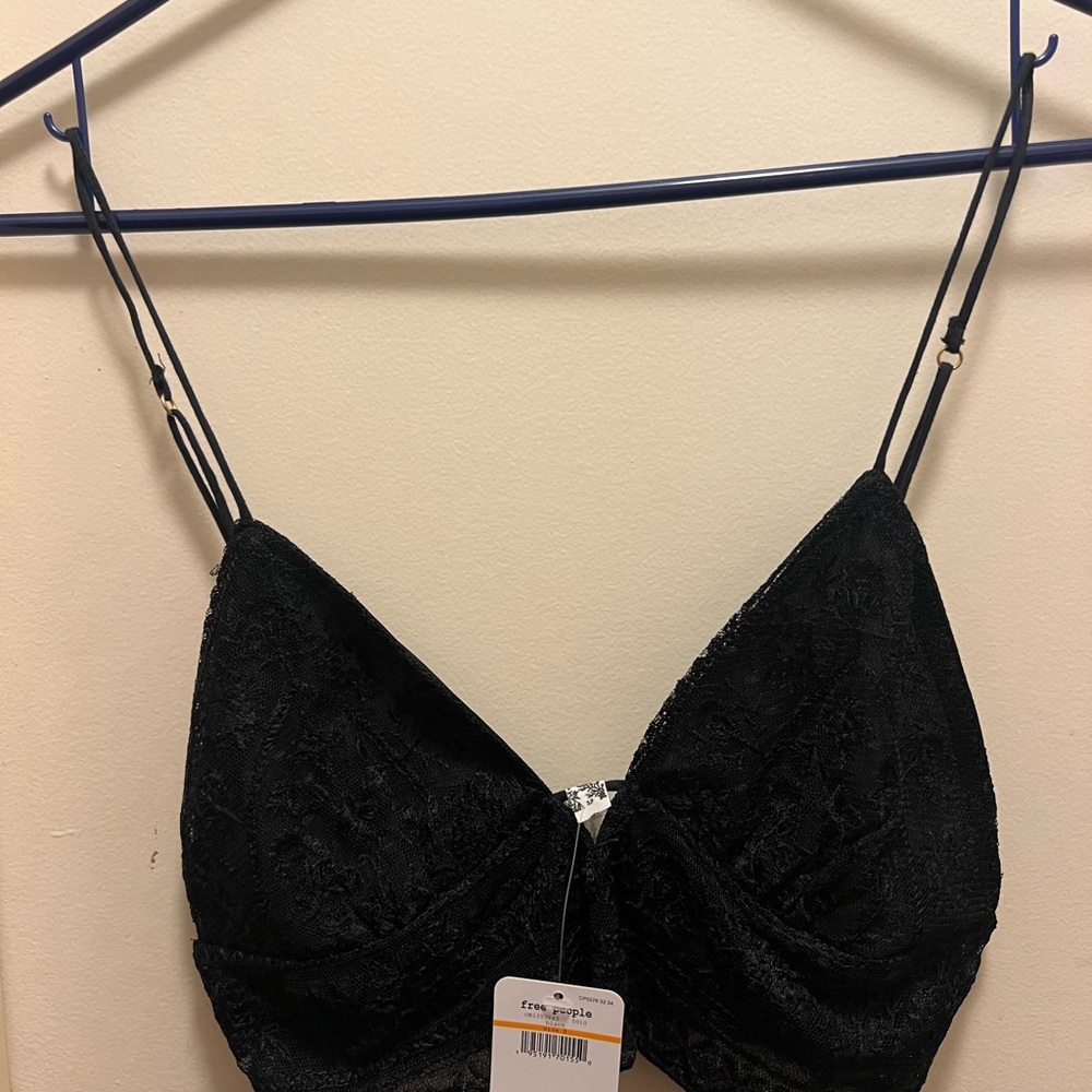 Black Lace Free People Deep V Neck Adjustable Lace Bralette